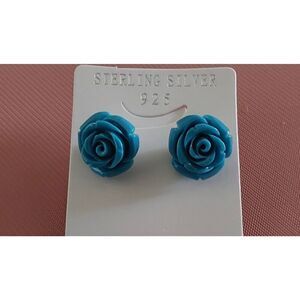 New~Detailed Turquoise Blue Ceramic Rose Stud Earrings .925 Sterling Silver